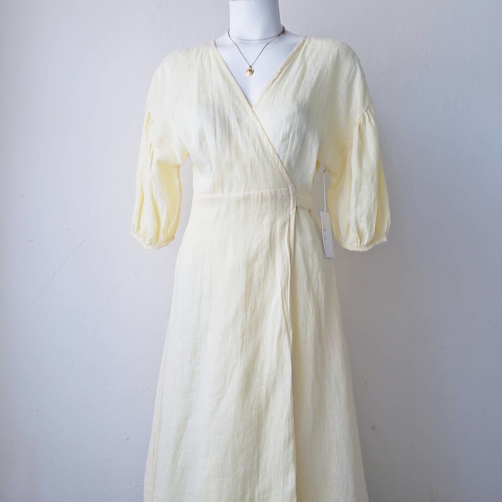 At Dawn Yellow Linen Wrap Dress NWT Extra Small